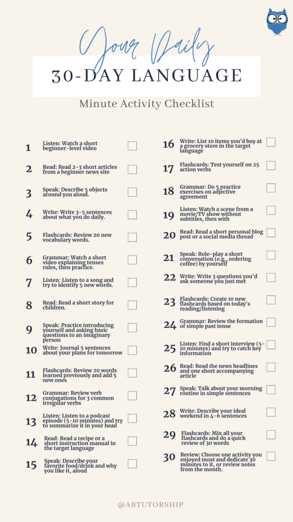 FREE Daily 30-Minute Activity Checklist