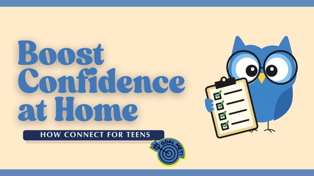 Title card reading 'Boost Confidence at Home' in blue and yellow text, featuring a blue owl-like cartoon character holding a document with a checkmark.