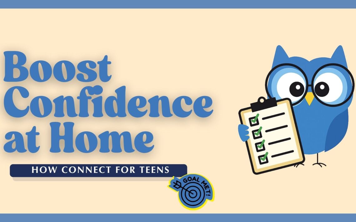 Title card reading 'Boost Confidence at Home' in blue and yellow text, featuring a blue owl-like cartoon character holding a document with a checkmark.