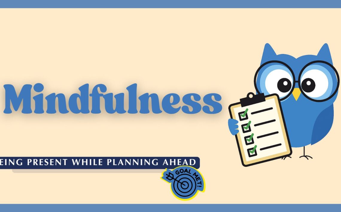 Cover image for a resource on mindfulness, featuring the word 'Mindfulness' in blue text and a blue owl-like cartoon character holding a notepad.