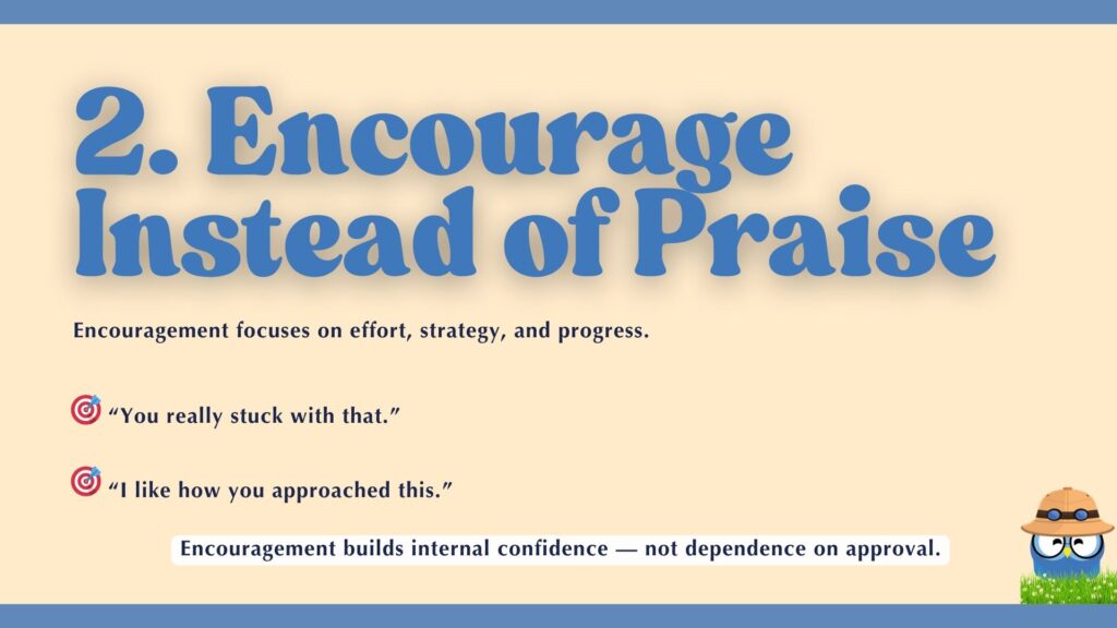 Encourage Instead of Praise." Supporting text explains that "Encouragement focuses on effort, strategy, and progress." Examples of encouragement are provided, such as "You really stuck with that," and "I like how you approached this." A concluding line reads, "Encouragement builds internal confidence — not dependence on approval." A blue cartoon creature wearing a safari hat is in the corner.