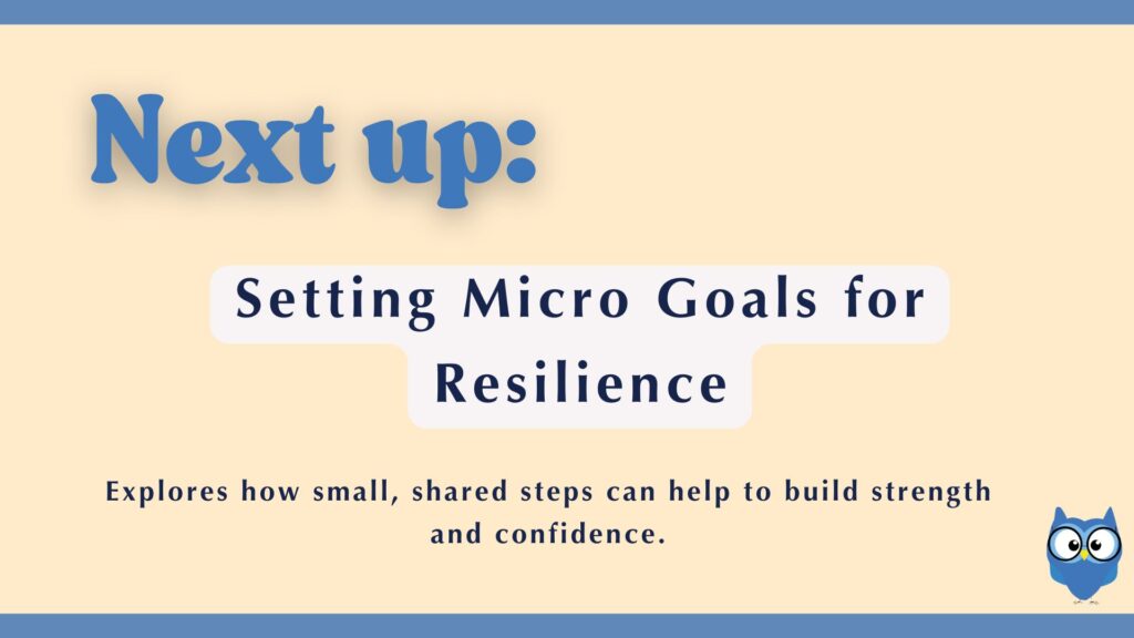 Cover image for a resource on reflection and growth, featuring the text 'Tracking Lessons Learned' and a blue owl-like cartoon character holding a notepad and pencil.