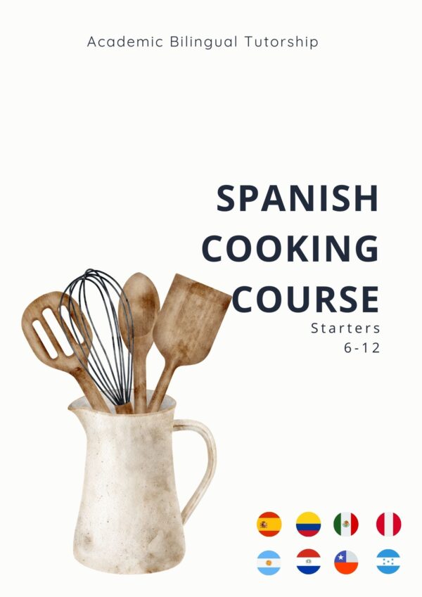 Spanish cooking and culture booklet cover with kitchen tools and country flags