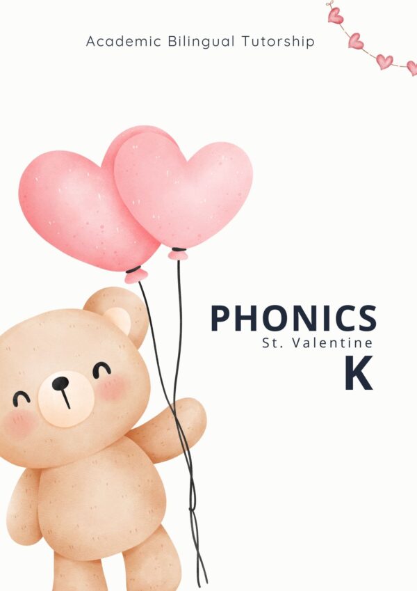 Valentine phonics activities workbook cover for kindergarten featuring letter tracing, beginning sounds, and Valentine-themed literacy worksheets.