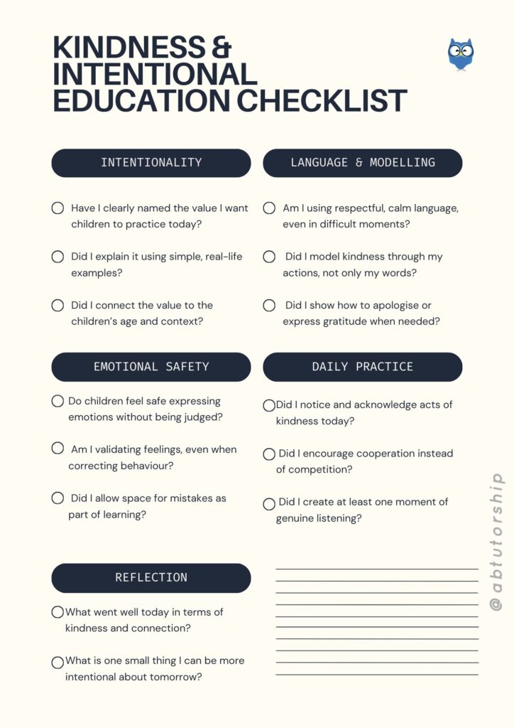 Kindness and intentional education checklist for teaching kindness in school, designed for educators and parents to support emotional learning, empathy, and meaningful education in children.