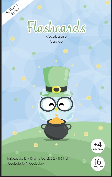 Cover of St. Patrick vocabulary cards by ABT featuring a blue background, a leprechaun owl, and cursive text.