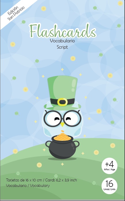 Portada de las flashcards vocabulario San Patricio de ABT con fondo azul, un búho leprechaun y texto en cursiva.