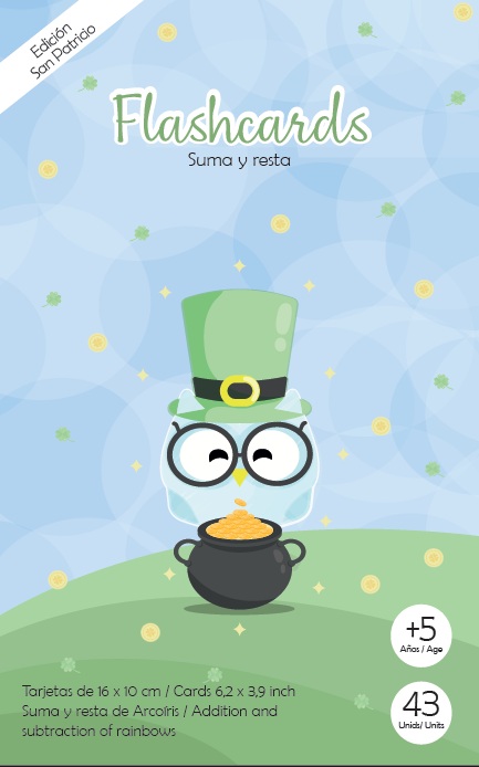 Portada de flashcards educativas de ABT para niños sobre sumas y restas con temática de San Patricio y un búho leprechaun.